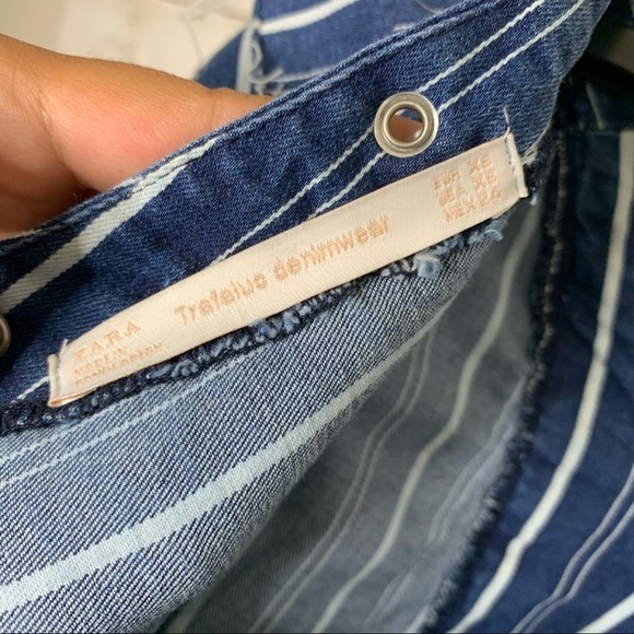 Zara Denim Striped Fringe Bib Long Sleeve Mini Dress Size XS - Picture 6 of 9